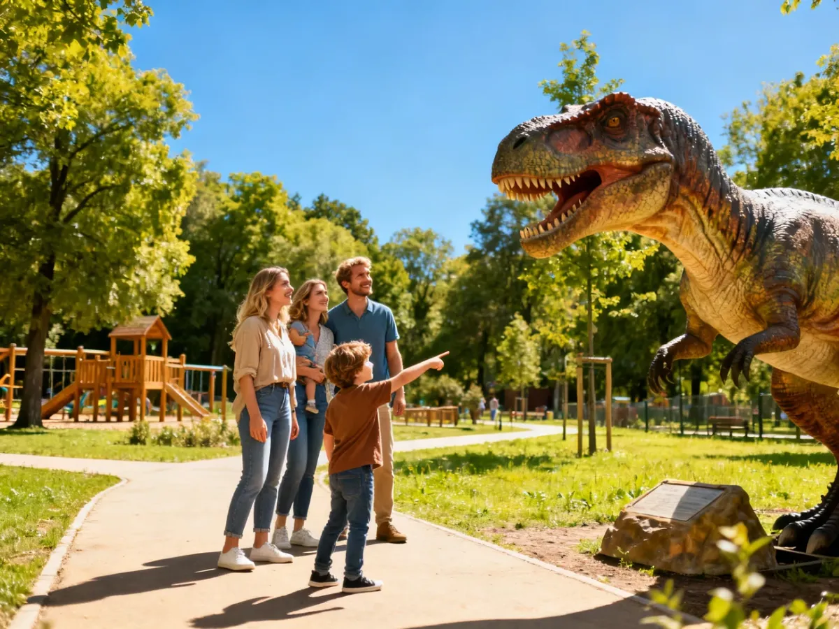 Rodzina z dziećmi zwiedzająca park dinozaurów w Bałtowie i z zachwytem oglądająca ruchomy model tyranozaura.