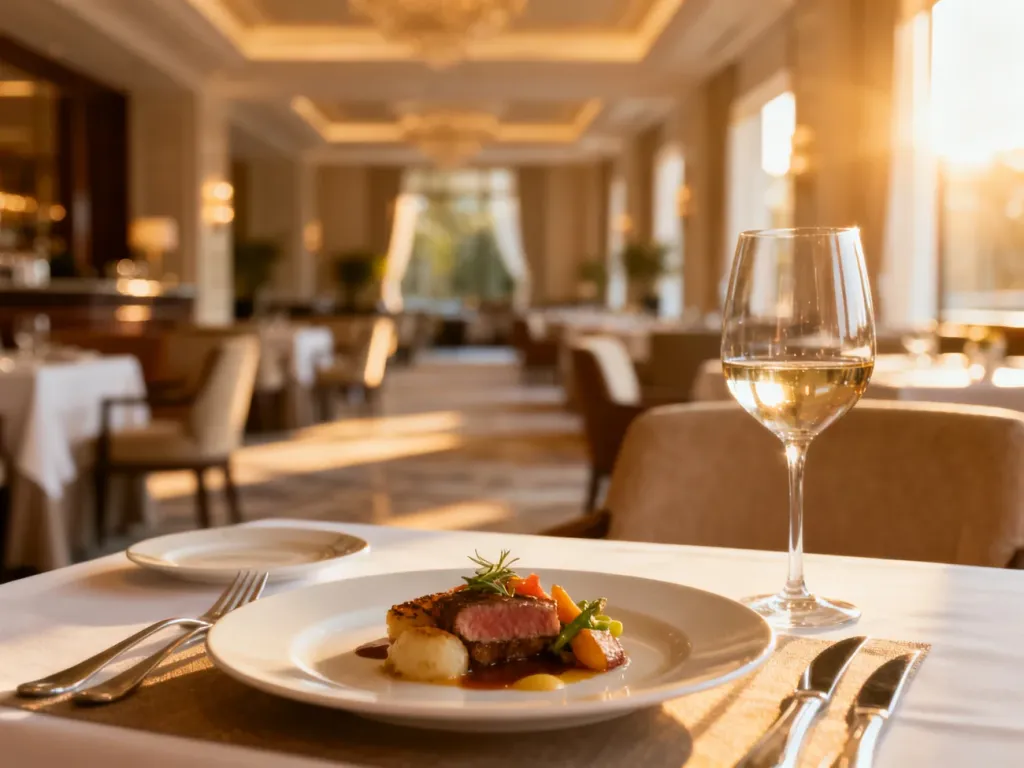 Elegancko nakryty stół w hotelowej restauracji z wykwintnym posiłkiem i winem, ilustrujący ofertę wyżywienia typu half board plus.
