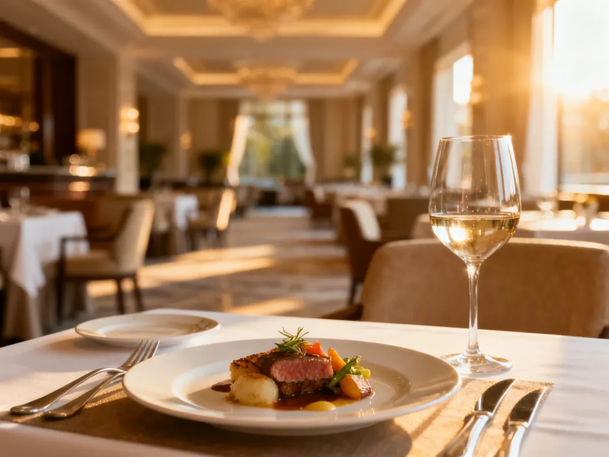 Elegancko nakryty stół w hotelowej restauracji z wykwintnym posiłkiem i winem, ilustrujący ofertę wyżywienia typu half board plus.