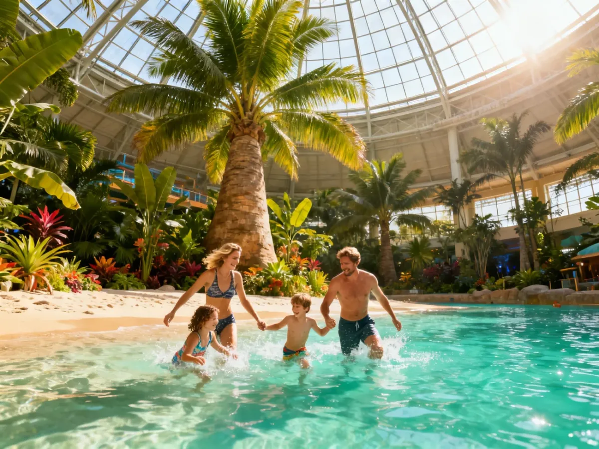 Szczęśliwa rodzina bawi się w płytkiej wodzie wewnątrz tropikalnego parku wodnego Tropical Islands pod szklaną kopułą.