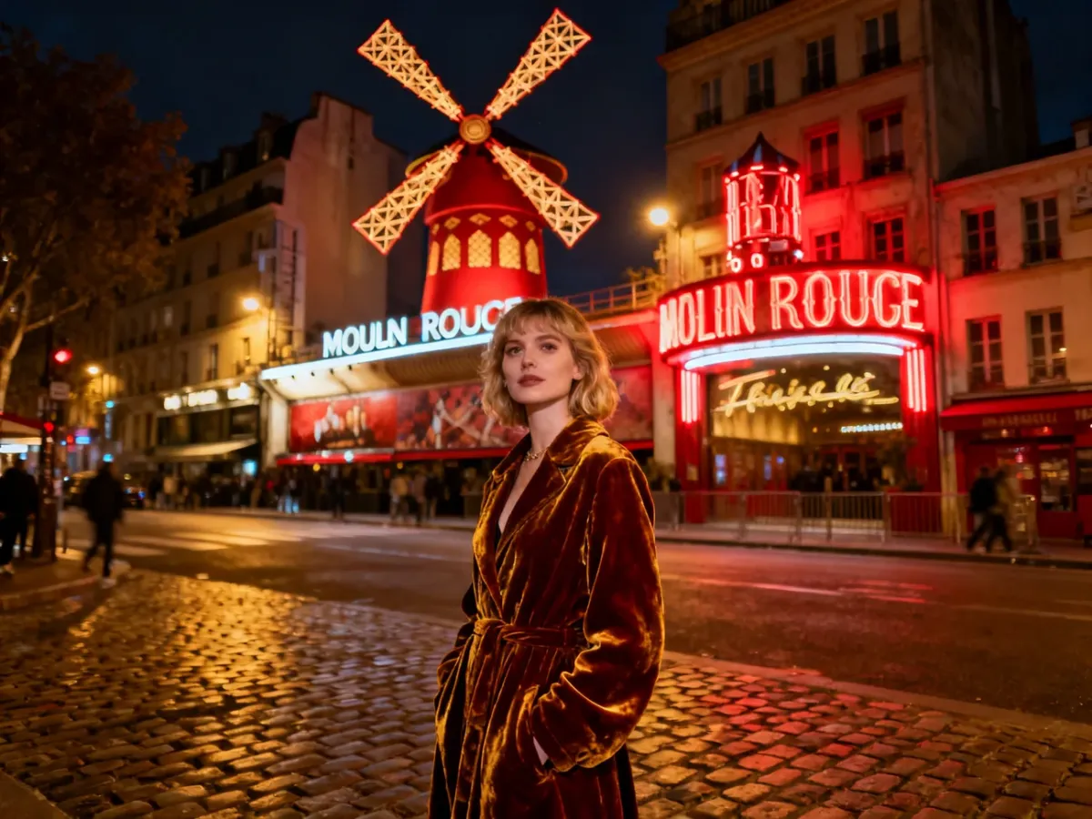 Kobieta w stylu vintage na tle oświetlonego neonami młyna Moulin Rouge w Paryżu nocą.