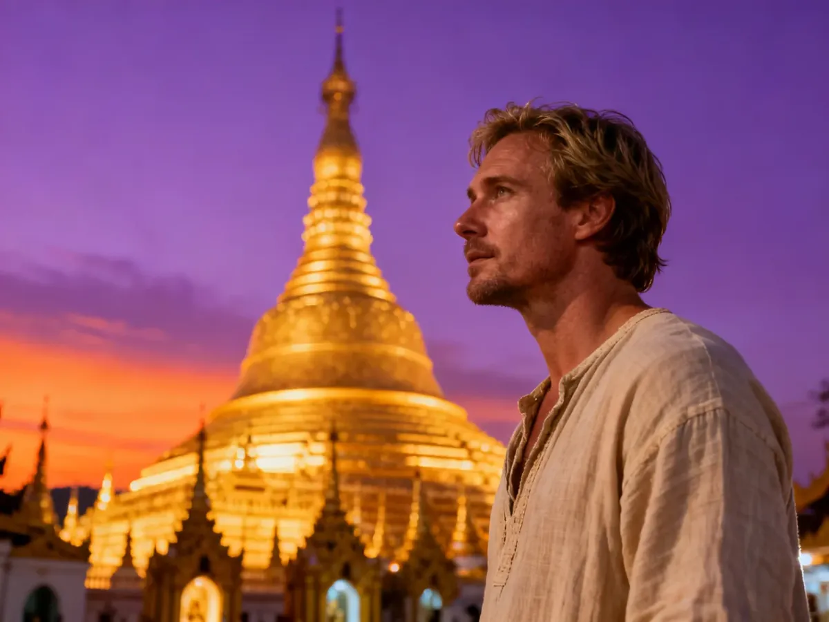 Turysta podziwiający złotą pagodę Shwedagon w Mjanmie podczas malowniczego zachodu słońca.