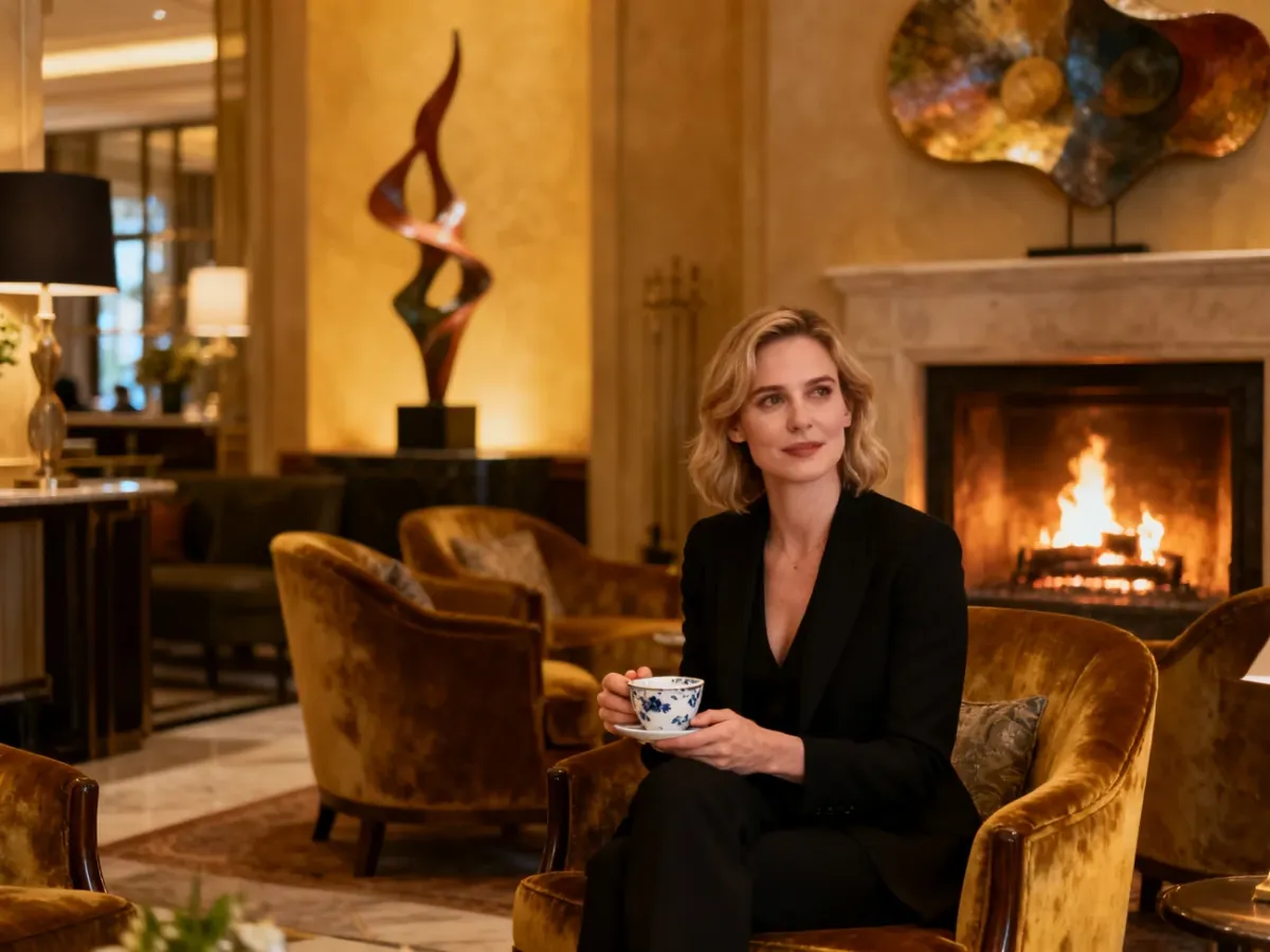 Eleganckie lobby hotelu butikowego z kobietą odpoczywającą w fotelu przy kominku, podkreślające luksusowy wystrój wnętrza.