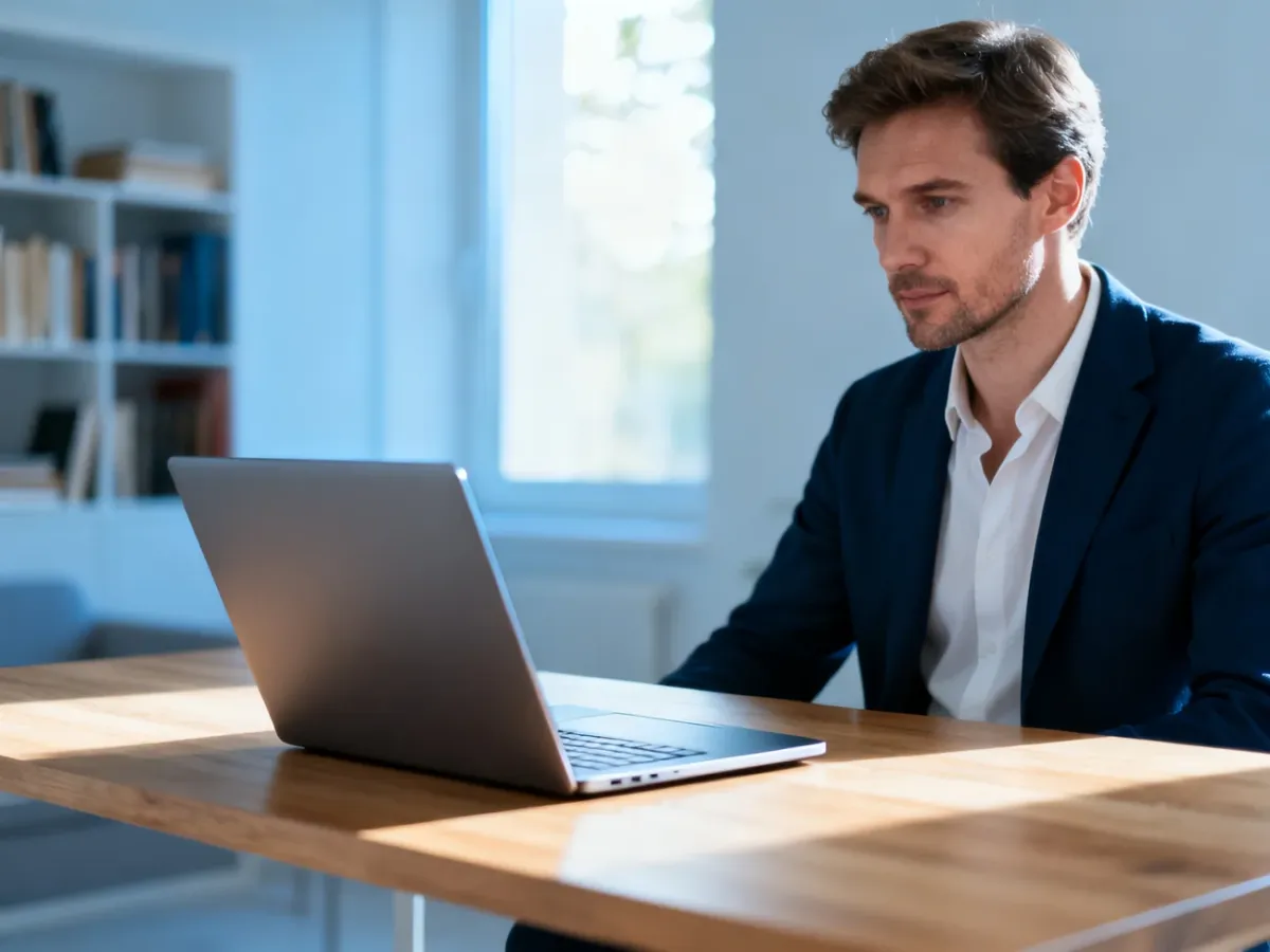 Mężczyzna pracujący przy nowoczesnym laptopie w jasnym, minimalistycznym biurze domowym.