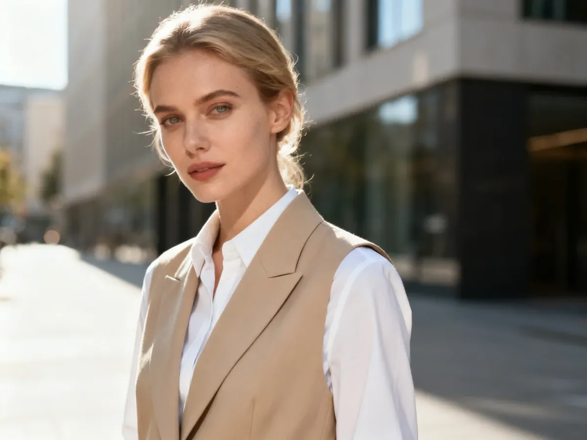 Elegancka kobieta w beżowej kamizelce założonej na białą koszulę, prezentująca stylowy miejski look.
