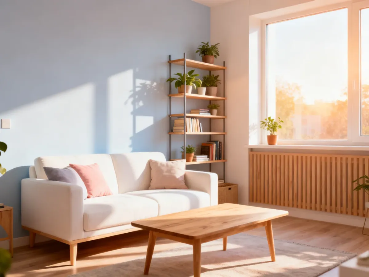 Przytulny salon w małym mieszkaniu z minimalistyczną sofą, regałem i roślinami, utrzymany w jasnej, ciepłej kolorystyce.