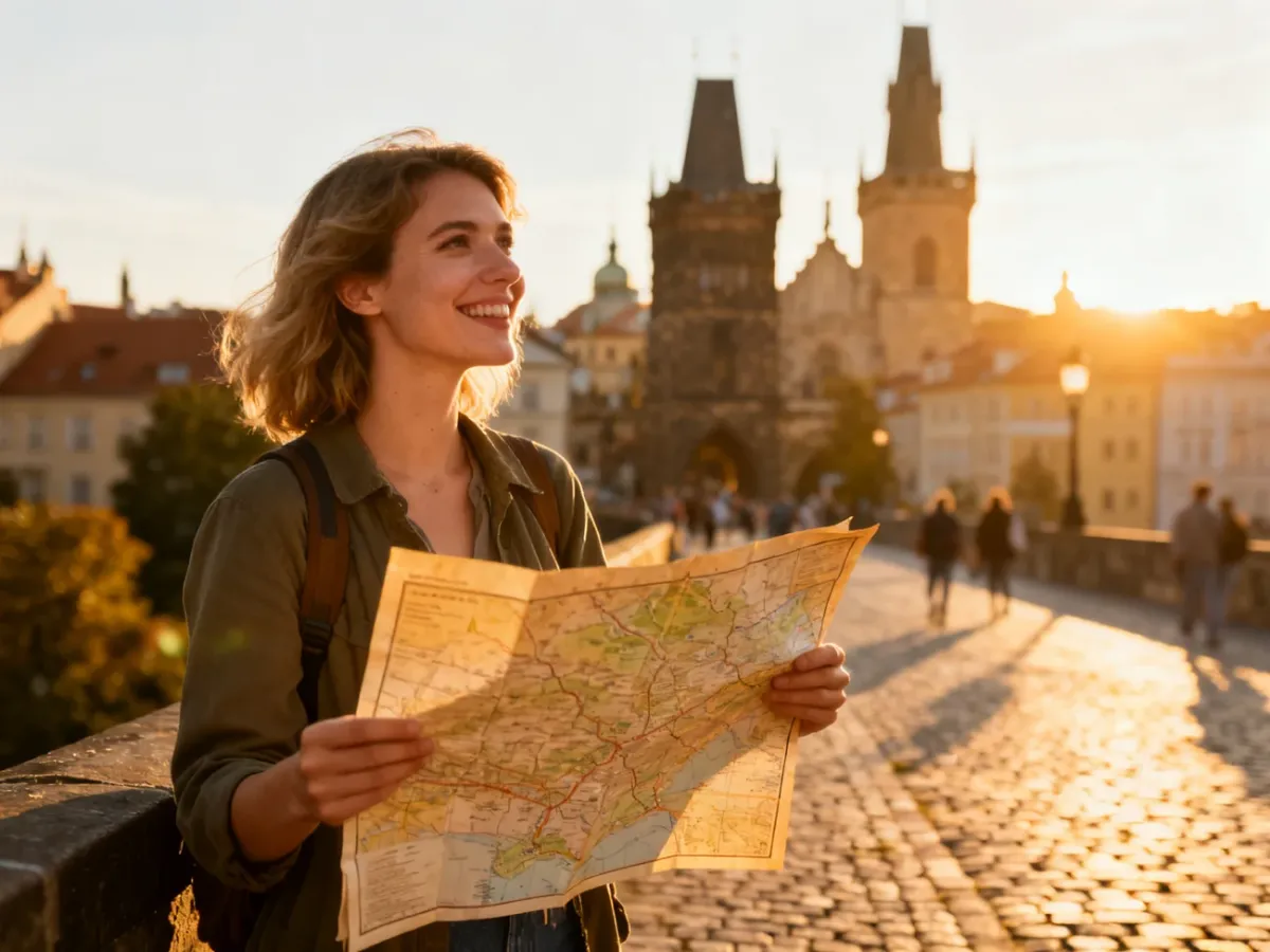 Uśmiechnięta turystka z mapą w ręku podziwia panoramę europejskiego miasta w świetle zachodzącego słońca.