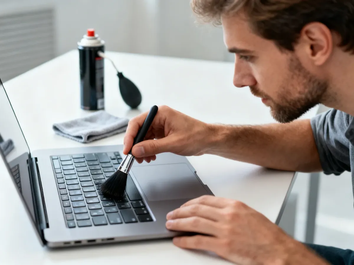 Mężczyzna czyści klawiaturę laptopa za pomocą małego pędzelka, dbając o usunięcie kurzu z trudno dostępnych miejsc.