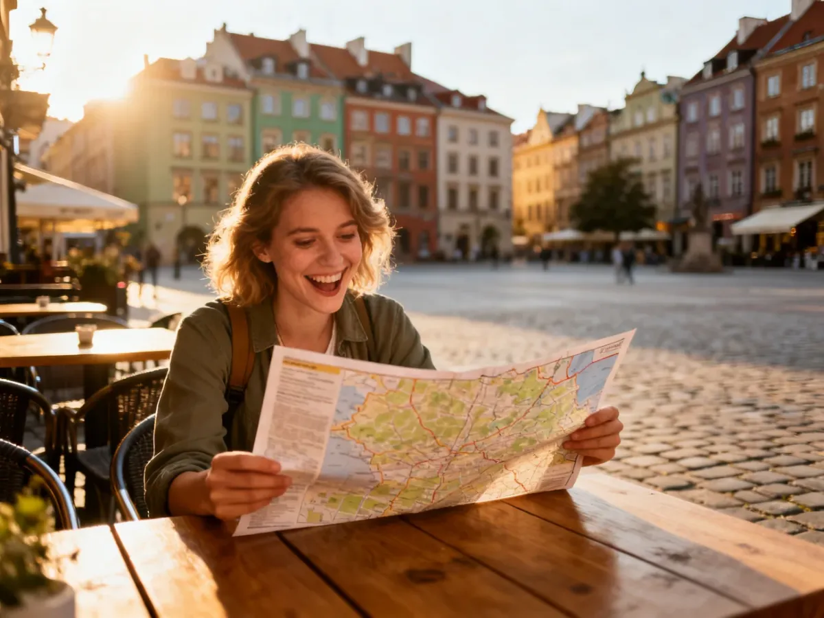 Uśmiechnięta kobieta z mapą w dłoni planuje wakacyjną wycieczkę na tle malowniczego polskiego rynku.