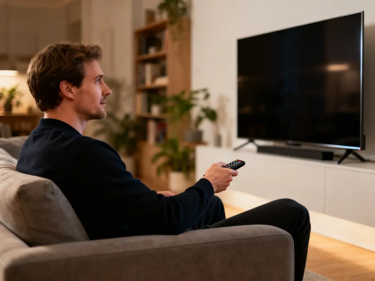 Mężczyzna siedzący na kanapie z pilotem w dłoni, konfigurujący ustawienia nowoczesnego telewizora smart TV w salonie.