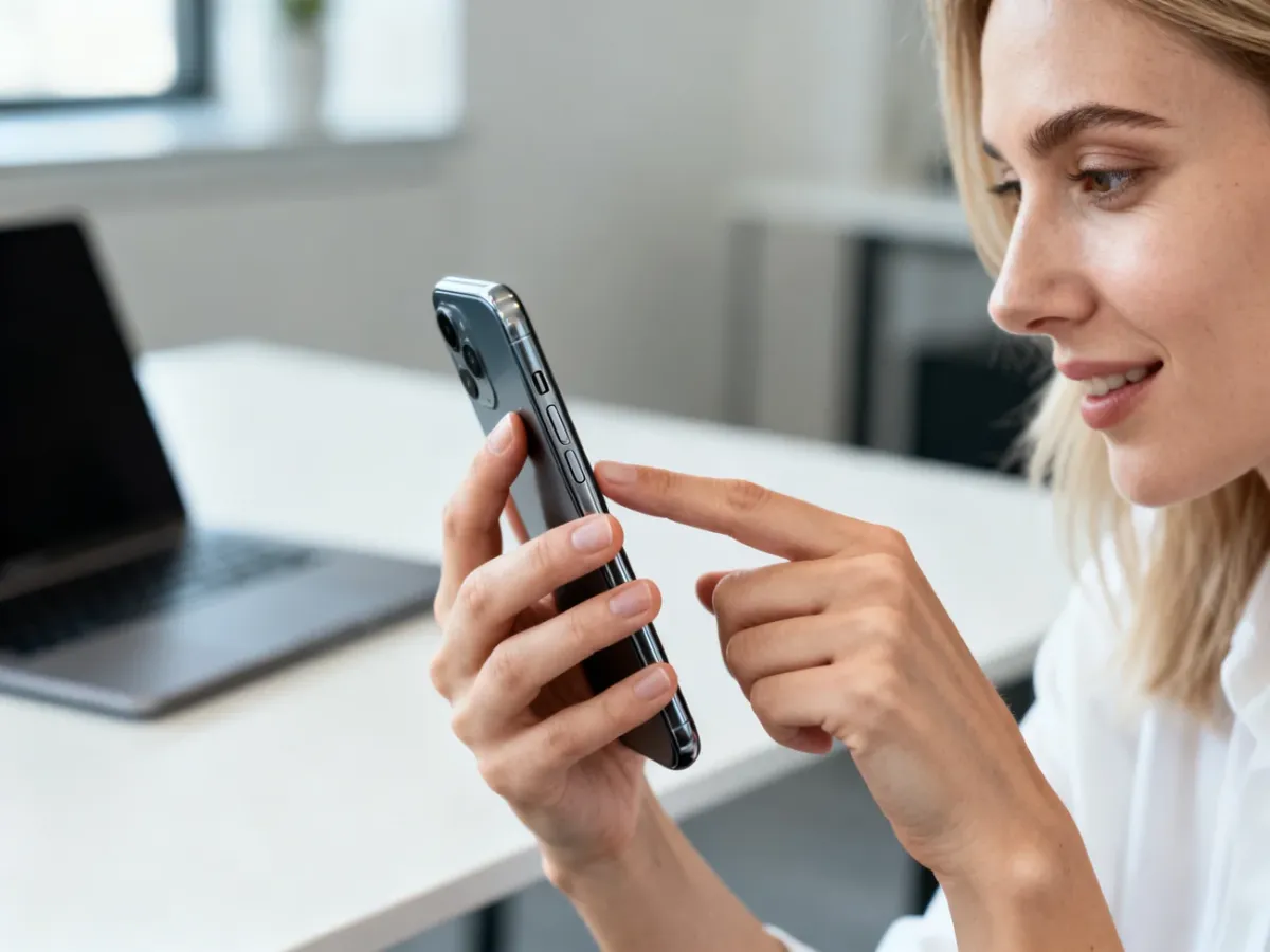 Kobieta wykonuje zrzut ekranu na nowoczesnym smartfonie w domowym biurze.