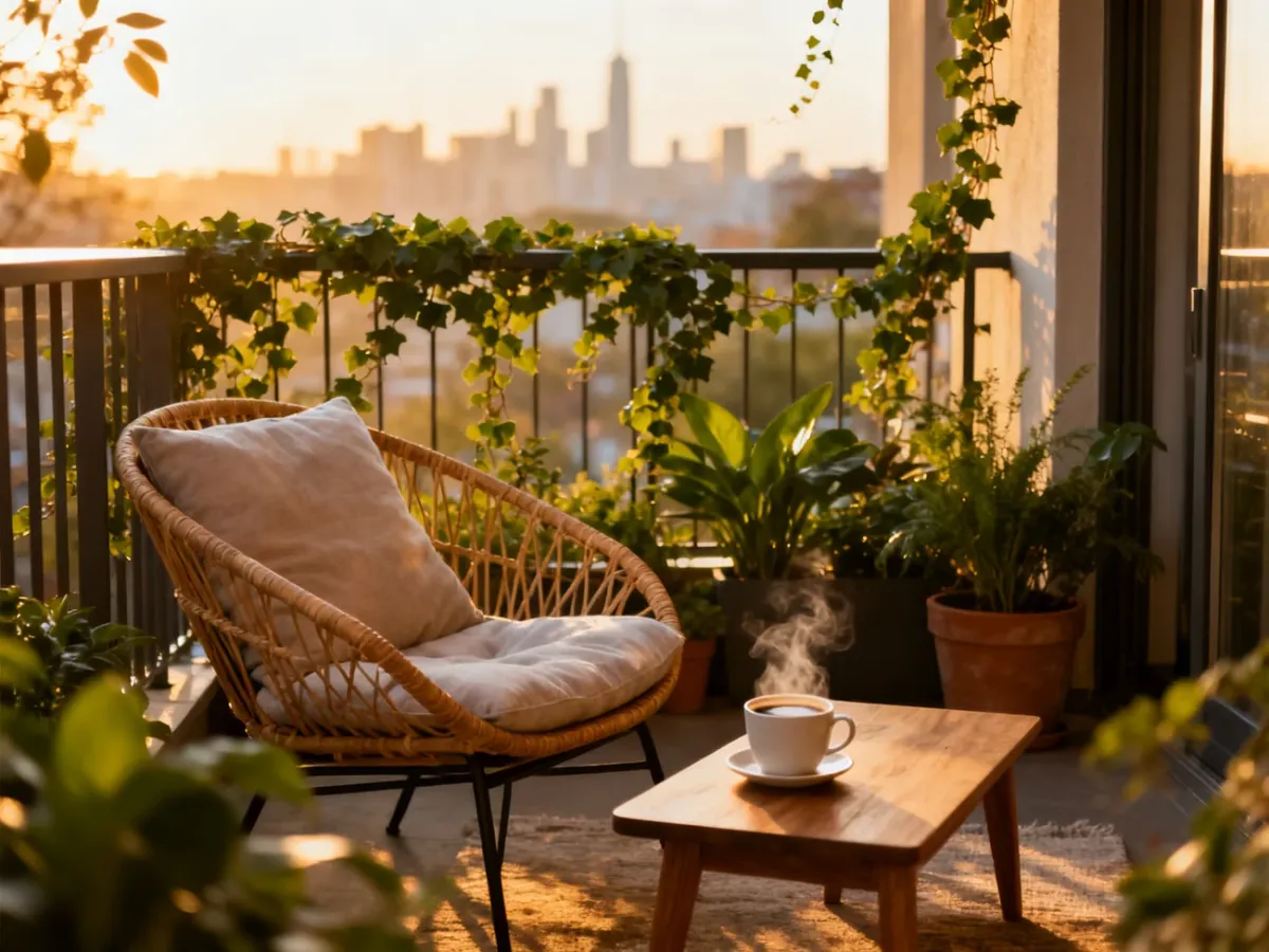 Przytulny, nowoczesny balkon z rattanowym fotelem, roślinami i kawą w świetle zachodzącego słońca.