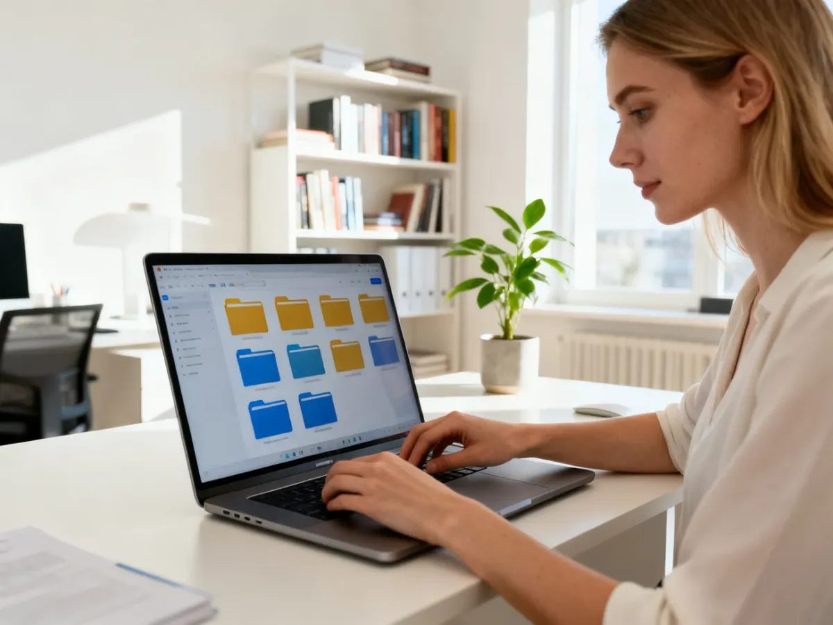 Kobieta porządkuje pliki na ekranie laptopa w minimalistycznym, słonecznym biurze domowym.