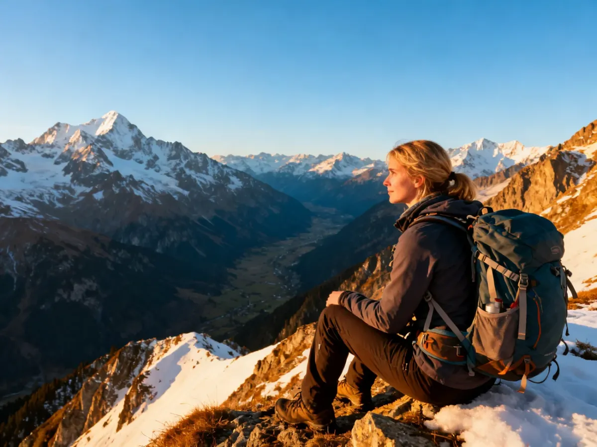 Turystka w stroju trekkingowym podziwia panoramę ośnieżonych gór z wysokiego szczytu podczas złotej godziny.