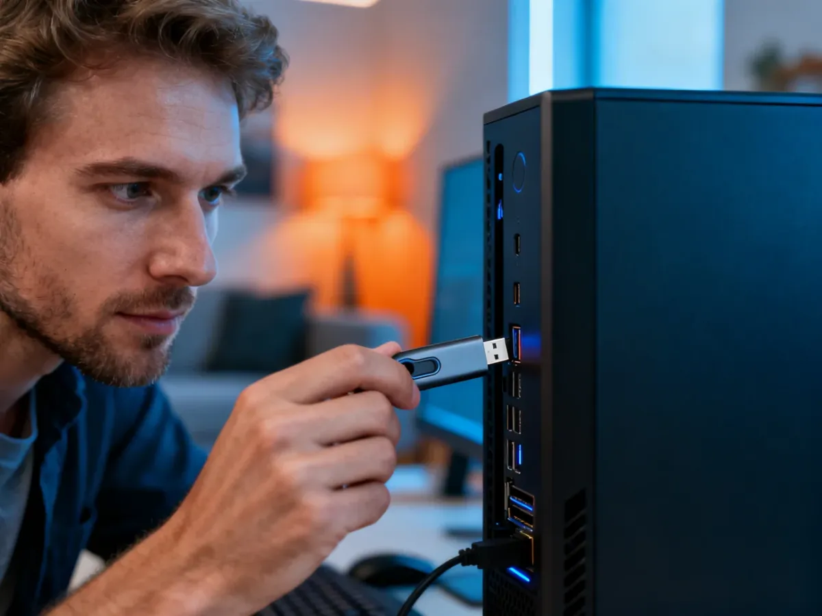 Mężczyzna wkłada pendrive do portu USB w komputerze, przygotowując się do instalacji systemu operacyjnego.
