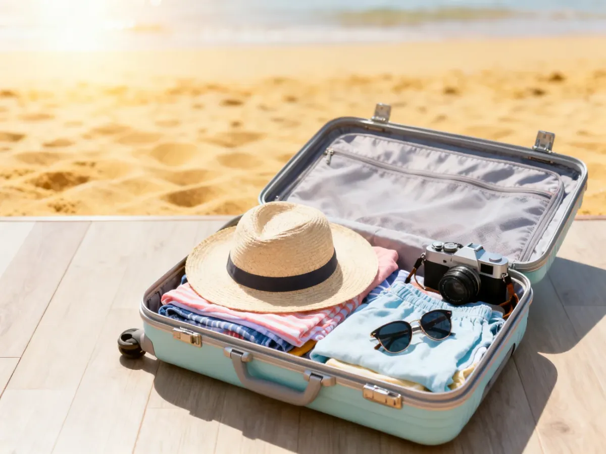 Otwarta walizka z uporządkowanymi ubraniami i akcesoriami wakacyjnymi na tle słonecznej plaży.