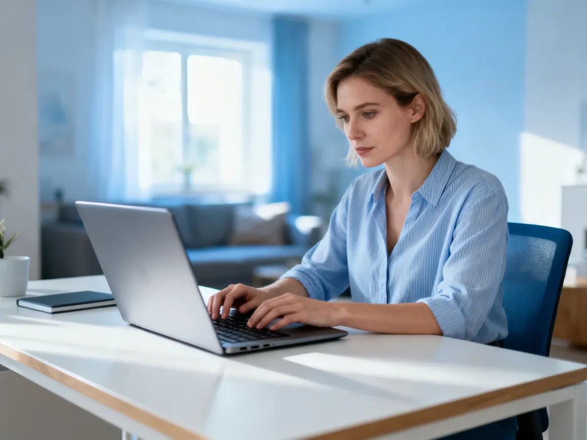 Kobieta pracująca na laptopie w jasnym, minimalistycznym biurze domowym podczas konfiguracji poczty e-mail.