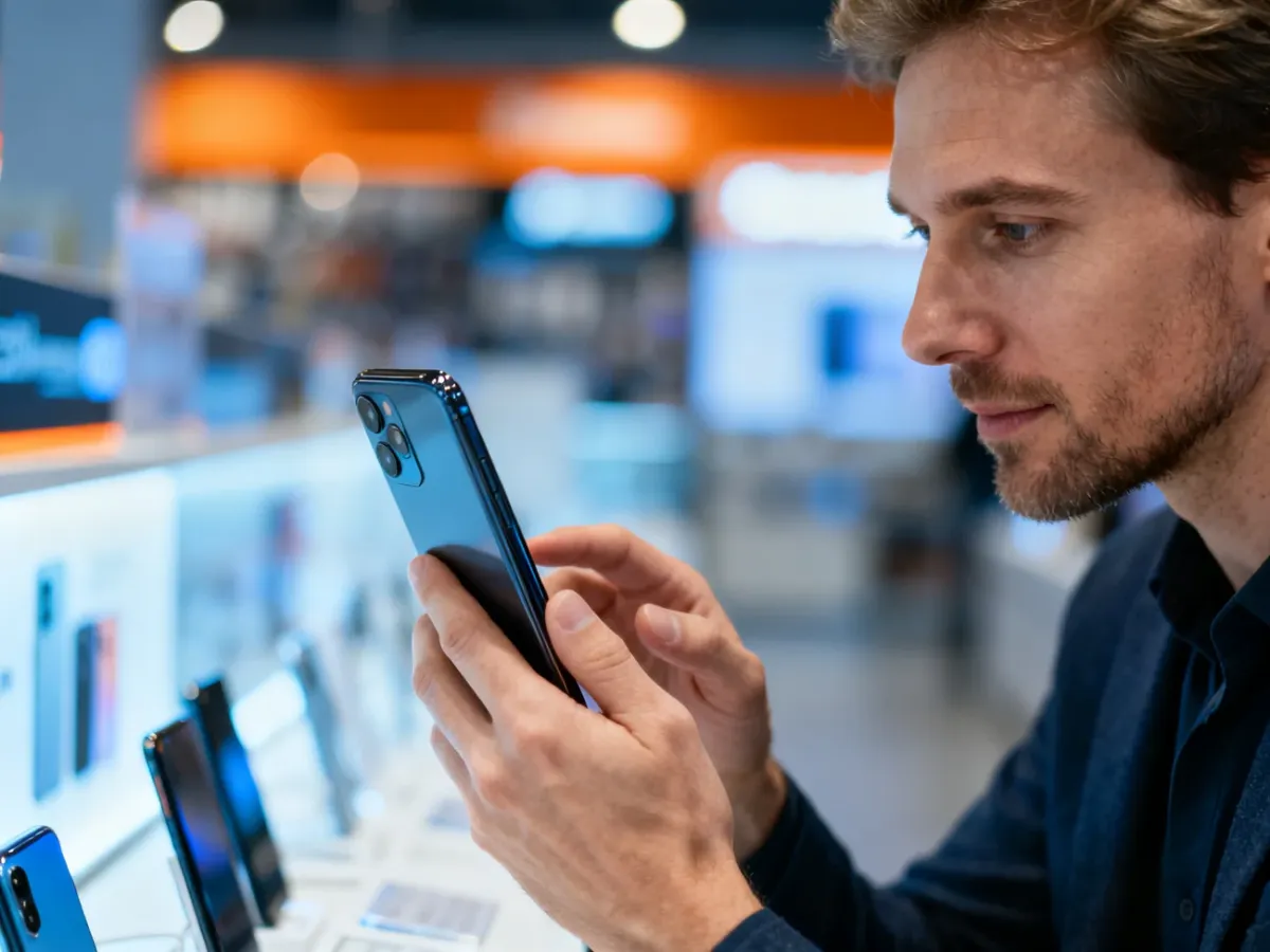 Mężczyzna z uwagą przegląda ekran nowoczesnego smartfona w sklepie z elektroniką.