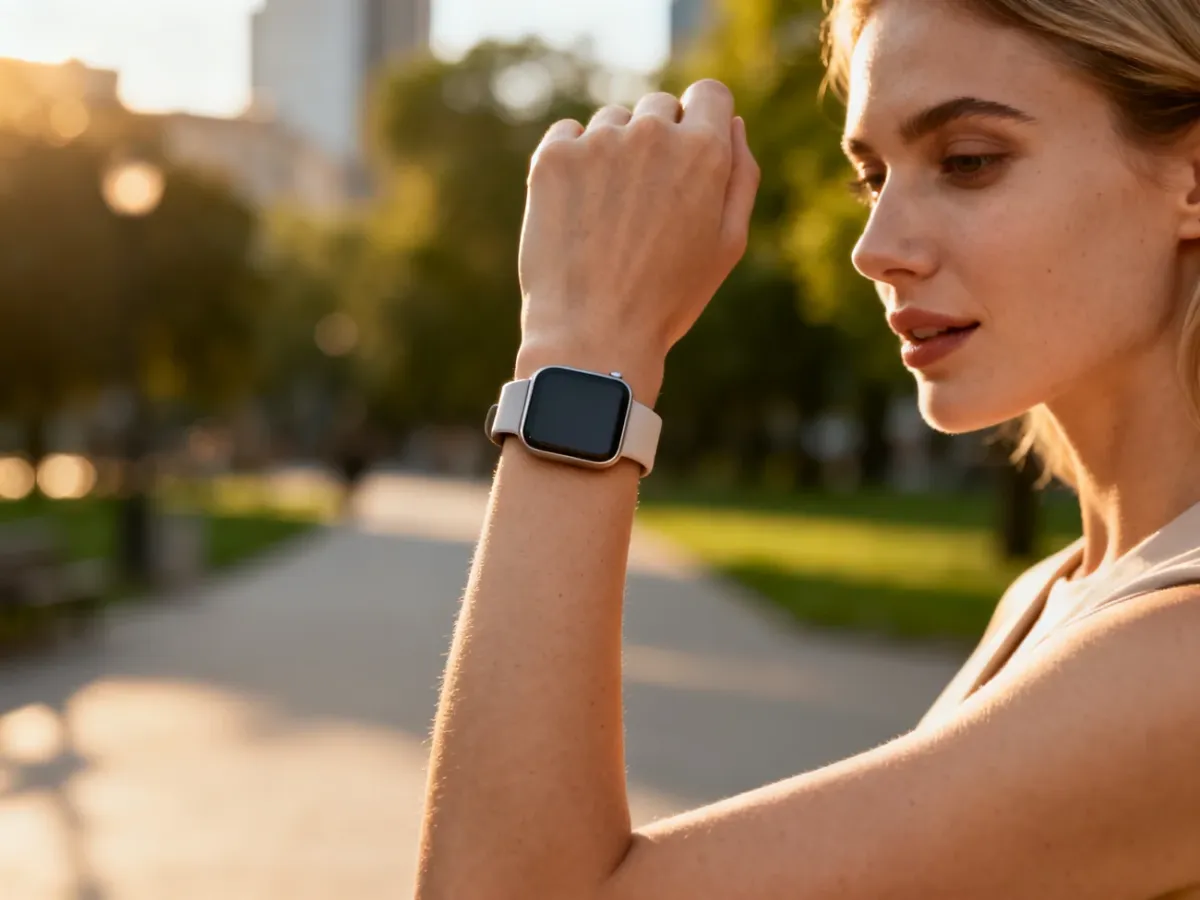 Stylowy smartwatch na nadgarstku kobiety w miejskim parku podczas złotej godziny.