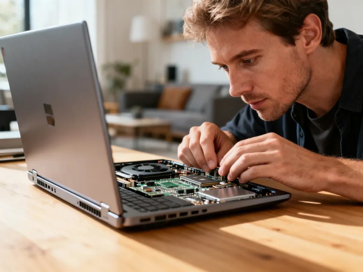 Mężczyzna skupiony na naprawie lub modernizacji podzespołów laptopa przy biurku w domowym biurze.